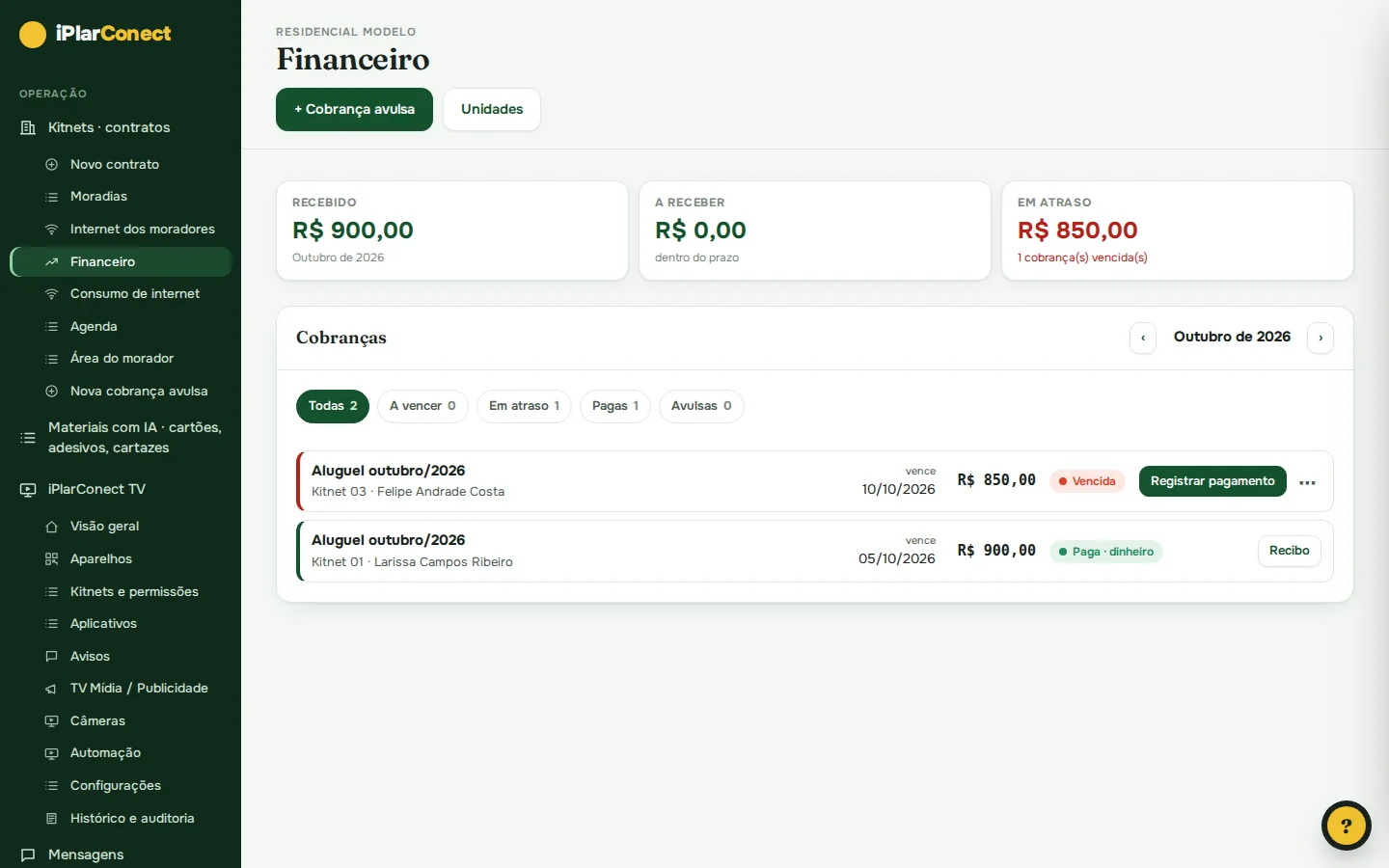 Tela financeira com recebido, a receber e cobranças em atraso