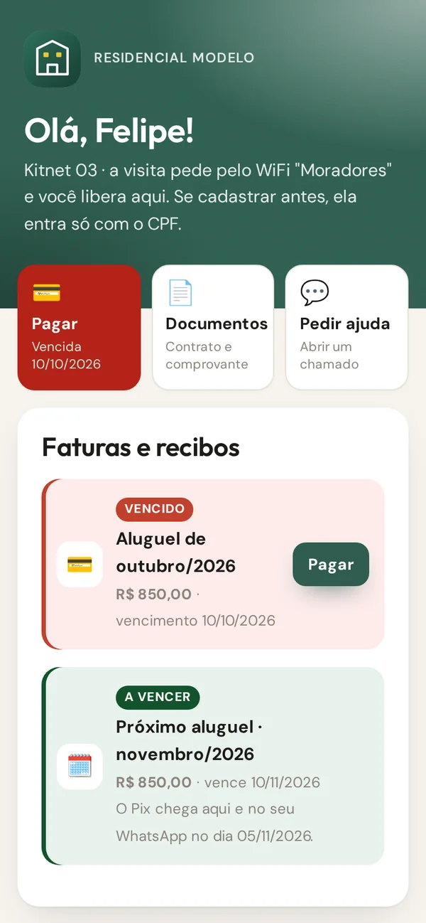 Área do morador no celular, com atalhos para pagar e ver documentos