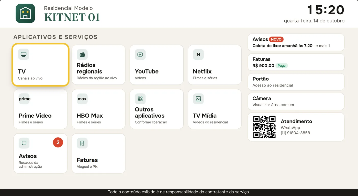 Tela inicial da TV da Kitnet 01 com aplicativos, avisos e atendimento