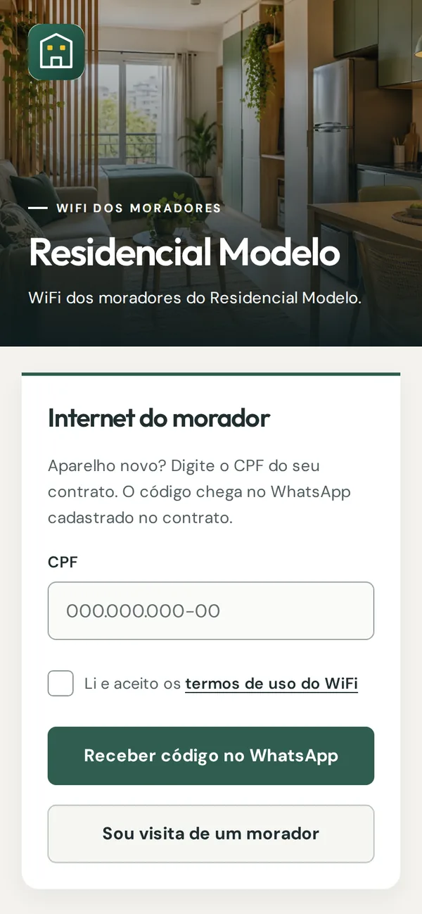 Tela de entrada no Wi-Fi do residencial pelo celular, pedindo o CPF